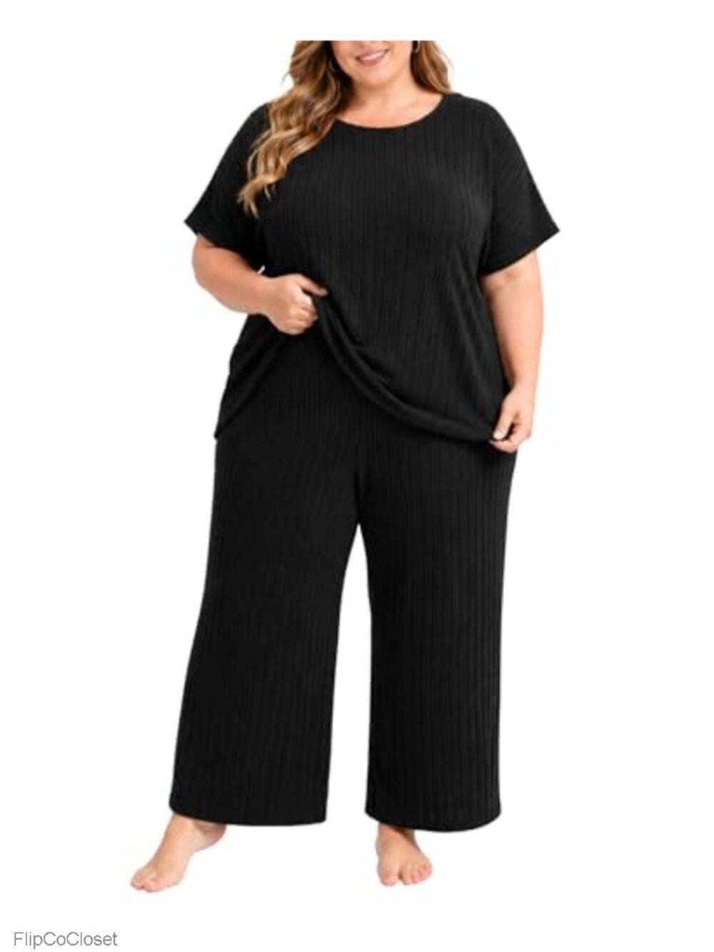 Plus Size Ribbed Knit Lounge Set Short Sleeve Wide Leg Pants